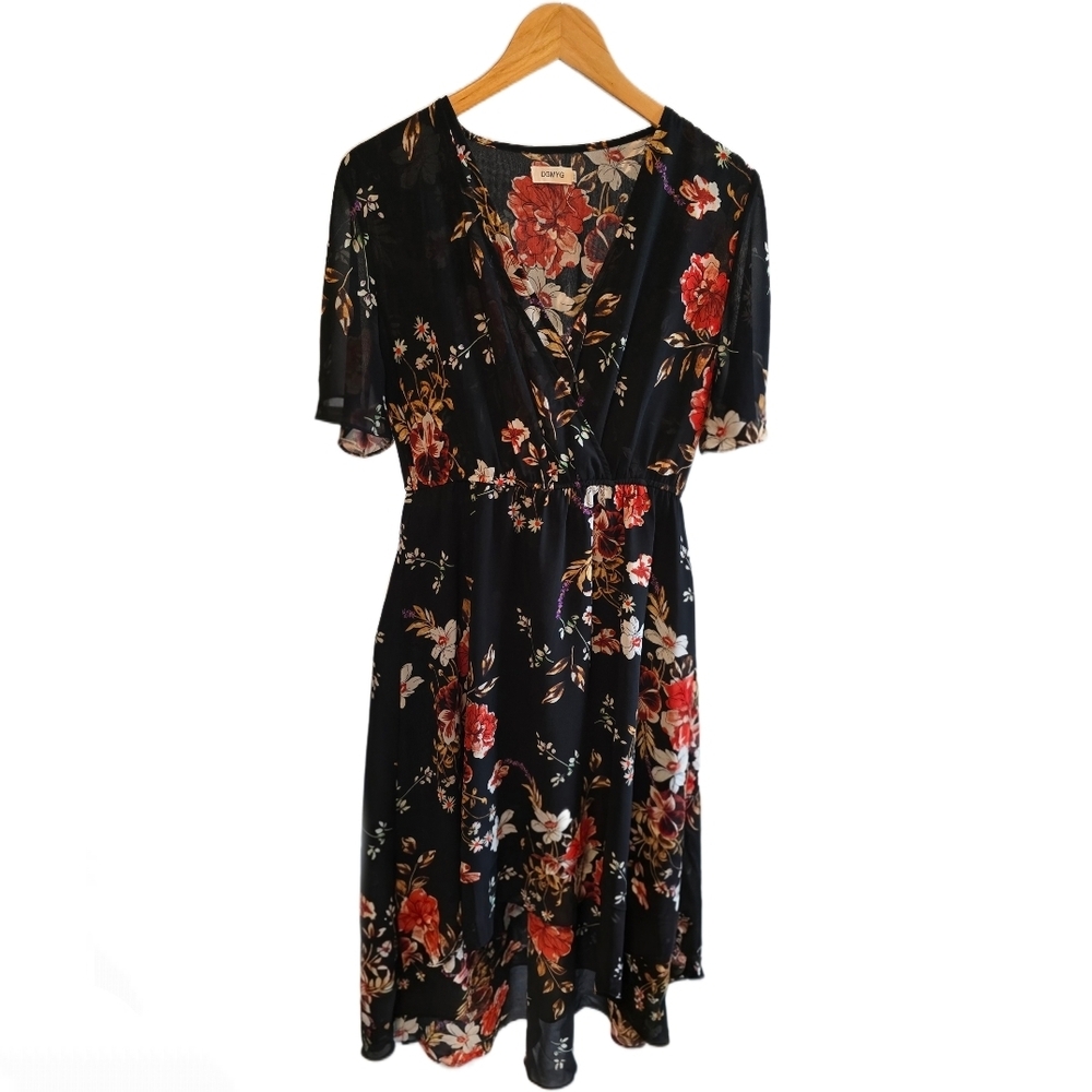 Women's Floral Black V-neck Maxi High Low Chiffon Dress, Super Flowy